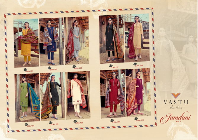 Vastu Jamdani 1 Fancy Casual Wear Pure Lawn Cotton Printed Neck Work And Daman Work Designer Dress Material Collection
